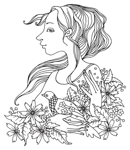 Chica con flores y aves — Vector de stock