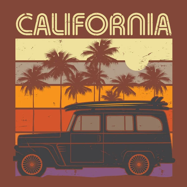 Ancienne affiche de voiture classique avec texte Californie — Image vectorielle