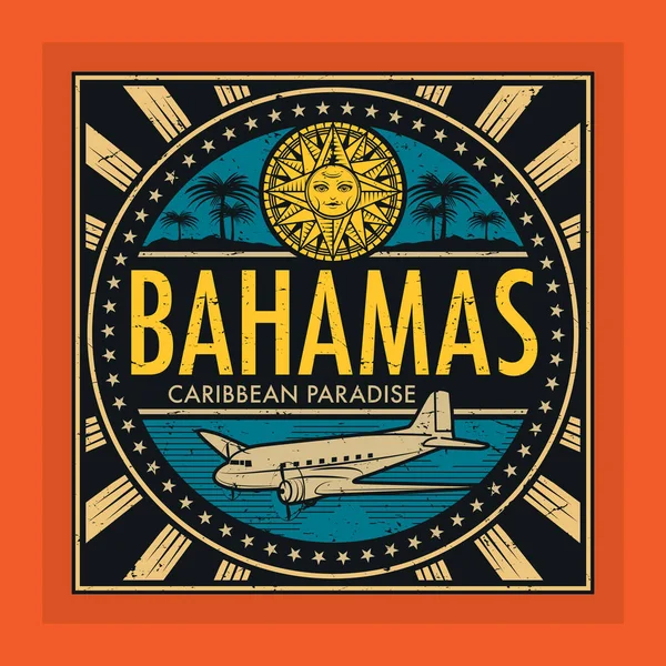 Stämpel eller vintage emblem med flygplan, kompass och text Bahamas — Stock vektor