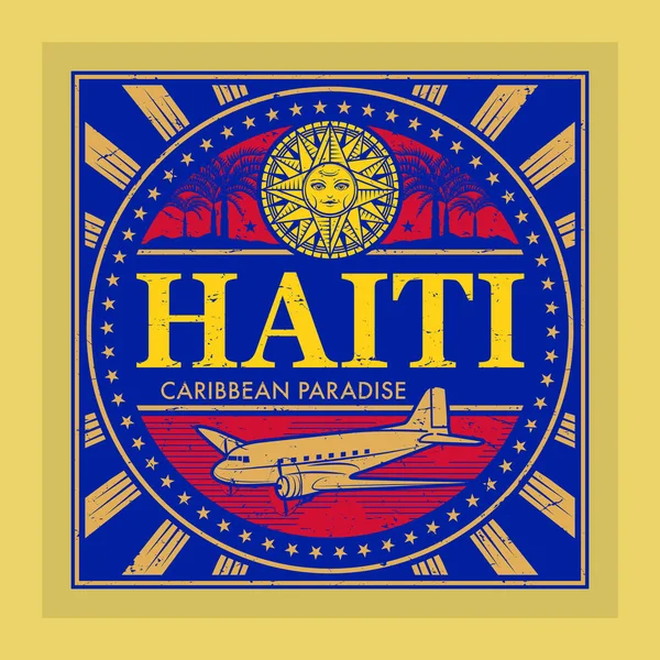 Stämpel eller vintage emblem med flygplan, kompass och text Haiti — Stock vektor