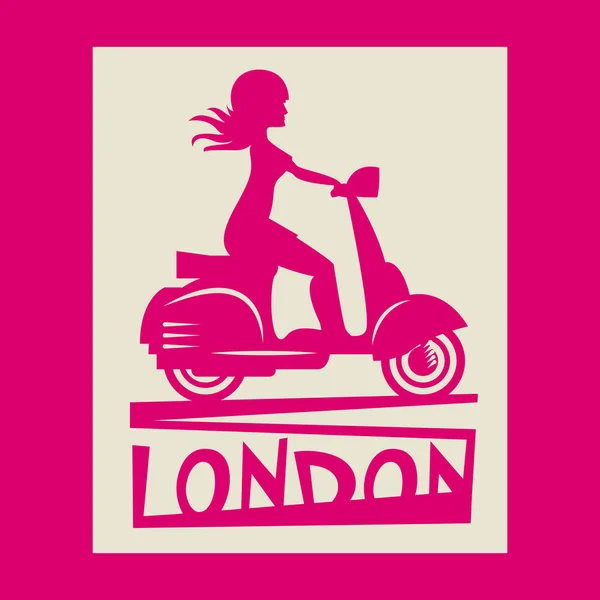 Scooter Girl silhouette con testo Londra — Vettoriale Stock