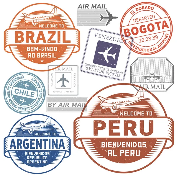Imposta francobolli o simboli di viaggio Sud America — Vettoriale Stock