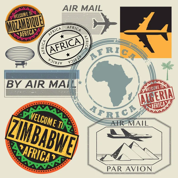 Reis- en luchthaven stempels of symbolen set, Afrika — Stockvector