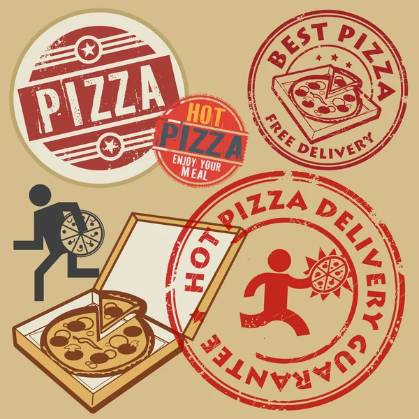 Abstract grunge rubber stamps set pizza delivery theme — Stock Vector