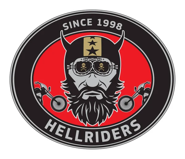 Motociclista rosto, rótulo ou carimbo com texto Hellriders — Vetor de Stock