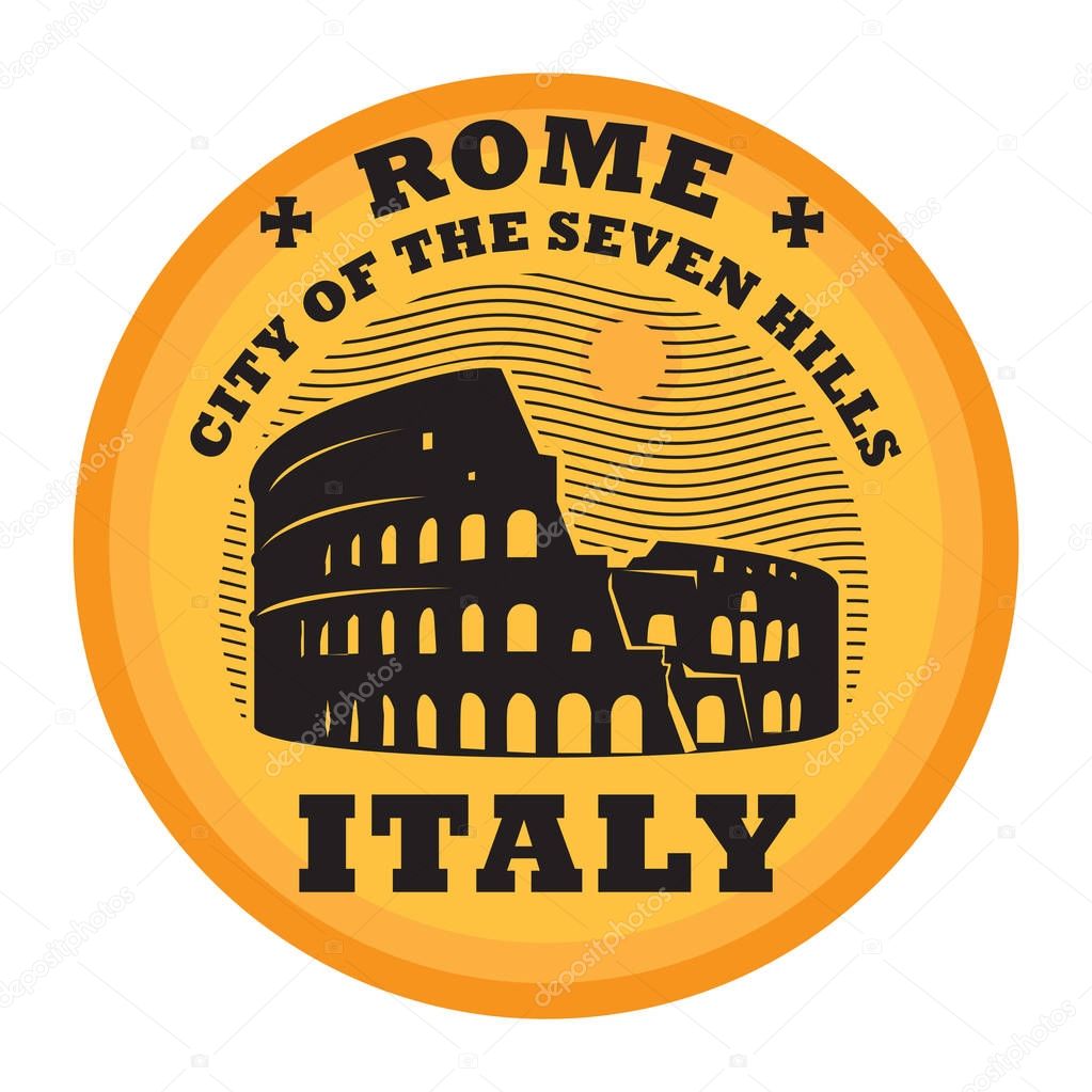 Stamp with Colosseum and the word Rome