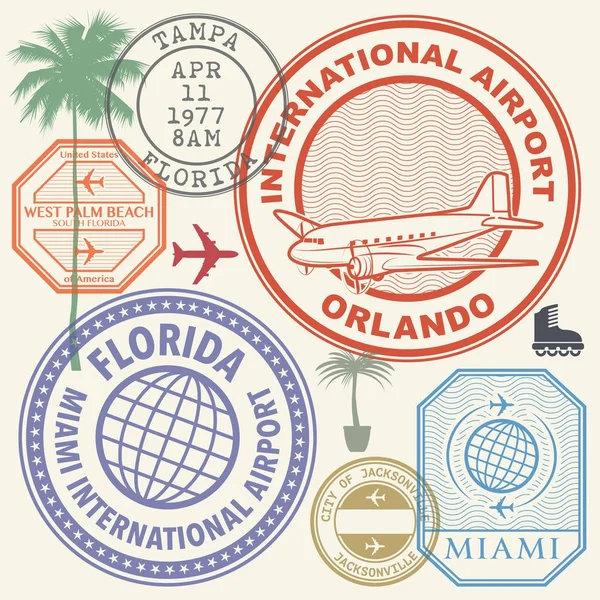 Retro postagem EUA selos do aeroporto definir estado da Flórida —  Vetores de Stock
