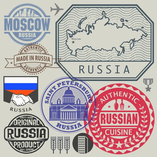 Reizen of luchthaven stempels of symbolen instellen Rusland — Stockvector