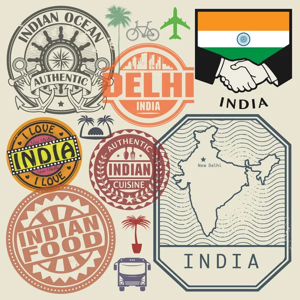 Conjunto de sellos o símbolos de viaje o aeropuerto India — Vector de stock