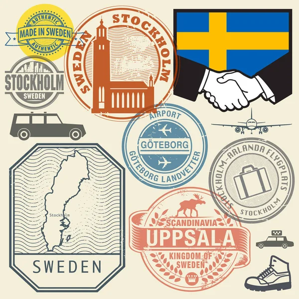 旅行スタンプまたはシンボル設定スウェーデン、スカンジナビア — ストックベクタ