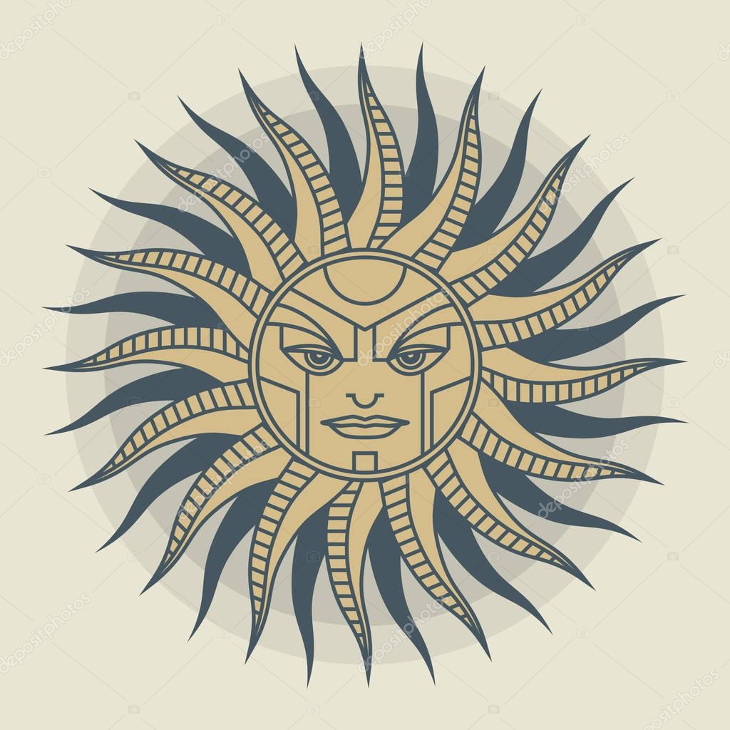 Vintage sun face compass rose sign or symbol, vector illustration