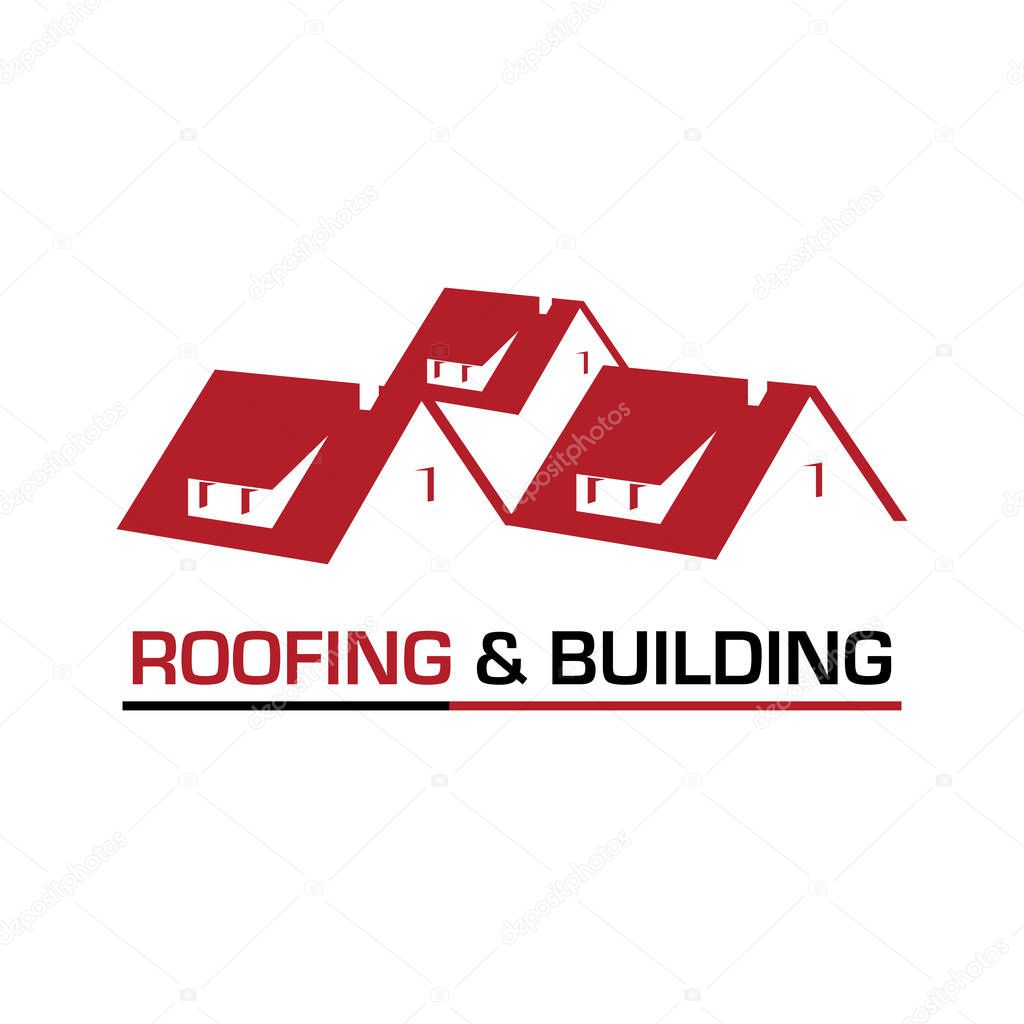 House roof logotype or sign with text Roofing and Building. Minimalistic logo for building or industrial company, vector illustration