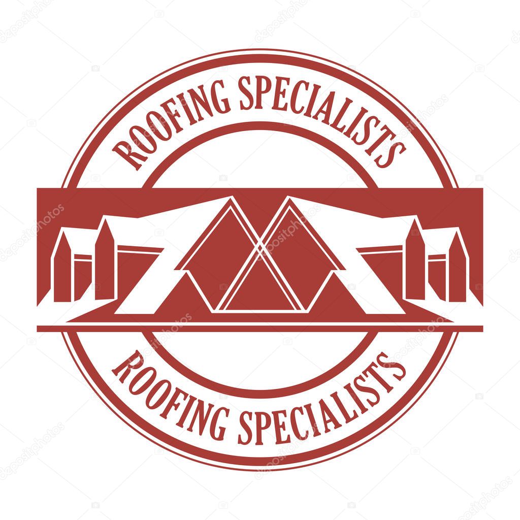 House roof stamp or sign with text Roofing Specialists. Minimalistic sign for building or industrial company, vector illustration