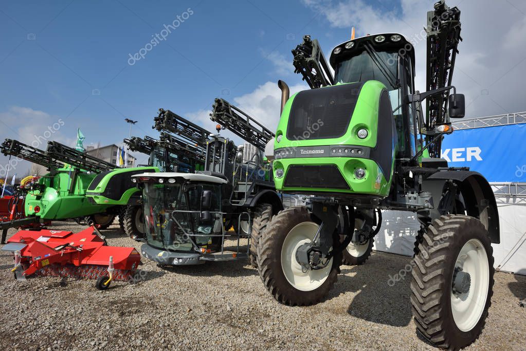 Kaunas, Lithuania - March 23: Tecnoma high clearance tractor on March 23, 2018 in Kaunas, Lithuania. Tecnoma is the founder member of Exel Industries, world leader in spraying techniques.
