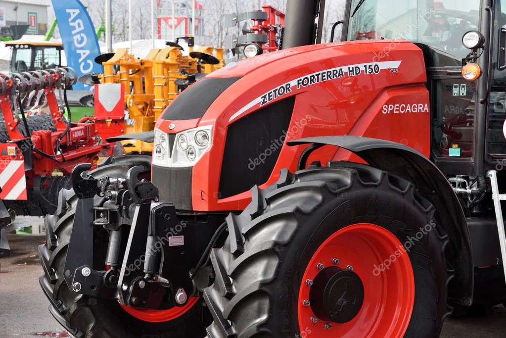 Kaunas, Lithuania - March 23: Zetor tractors on March 23, 2018 in Kaunas, Lithuania. Zetor is a brand of tractors of Czech manufacturer based in Brno