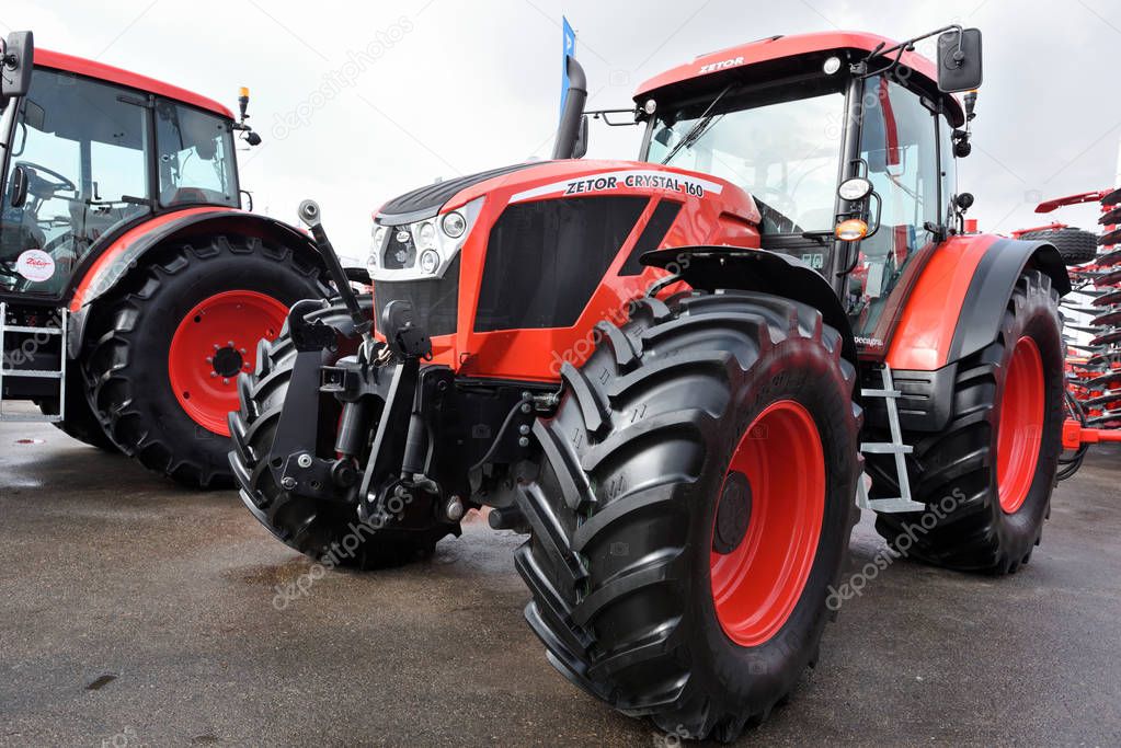 Kaunas, Lithuania - March 23: Zetor tractors on March 23, 2018 in Kaunas, Lithuania. Zetor is a brand of tractors of Czech manufacturer based in Brno