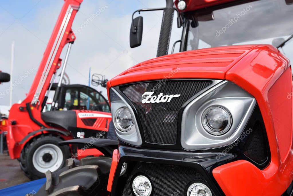 Kaunas, Lithuania - March 23: Zetor tractors on March 23, 2018 in Kaunas, Lithuania. Zetor is a brand of tractors of Czech manufacturer based in Brno
