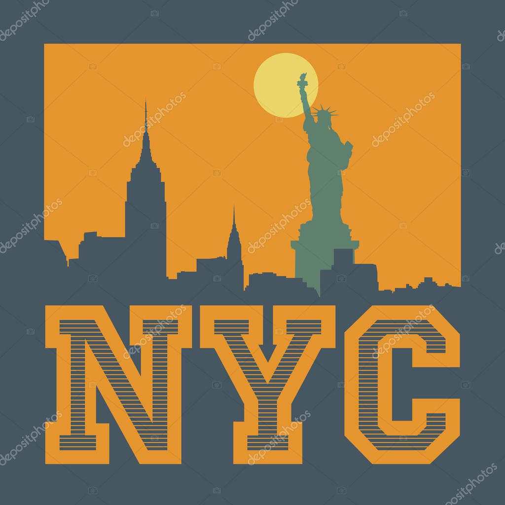 Manhattan, New York city, silhouette illustration in flat design, t-shirt print design or poster, vector illustration