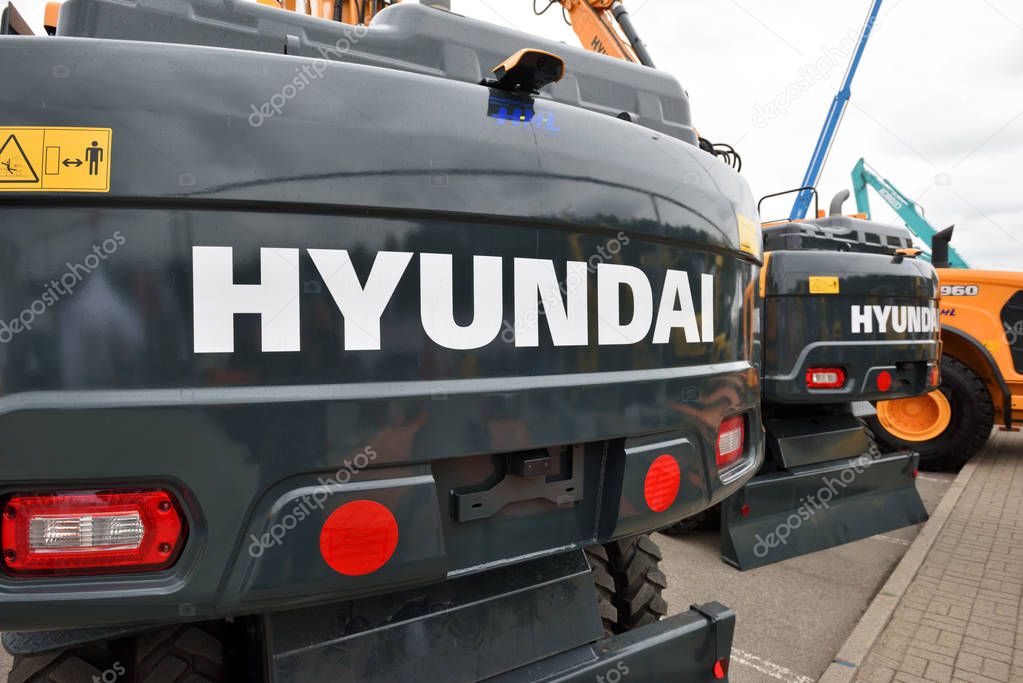 Vilnius, Lithuania - April 25: Hyundai Excavator and logo on April 25, 2018 in Vilnius Lithuania. The Construction Equipment Division of Korean Hyundai Heavy Industries Co was launched in 1985
