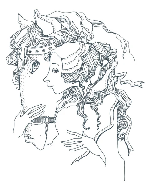 少女と馬手描き — ストックベクタ