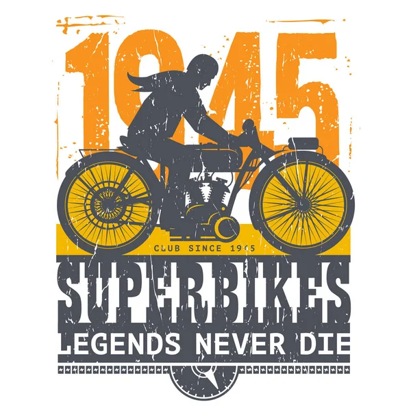 Cartaz de motocicleta com texto Superbikes, Legends Never Die — Vetor de Stock