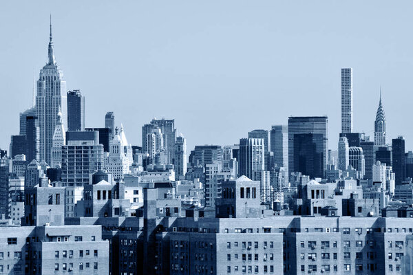 Manhattan Skyline from Brooklyn Bridge, New York City, Black and white blue toned