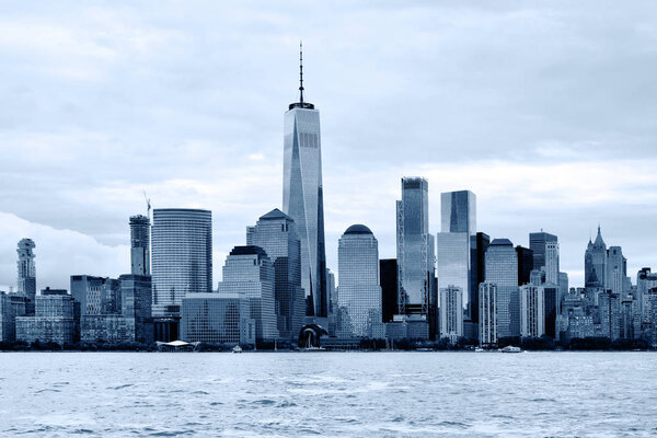 Manhattan Skyline over Hudson river, Black and white blue toned 