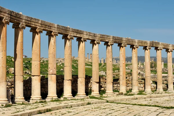 Oval Plaza Kolommen Ruïnes Van Grote Romeinse Stad Jerash Gerasa — Stockfoto