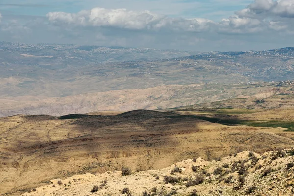 Scenic Légi Felvétel Bibliai Mount Nebo Jordániában Naplemente Fény Kilátás — Stock Fotó