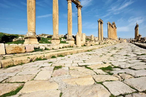 Kolommen Oude Straat Van Verwoeste Grieks Romeinse Stad Gerasa Jerash — Stockfoto