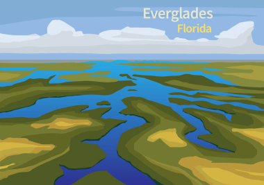 Landscape of Everglades saw grass, water, and clouds in Everglades National Park, Florida, United States, vector illustration clipart