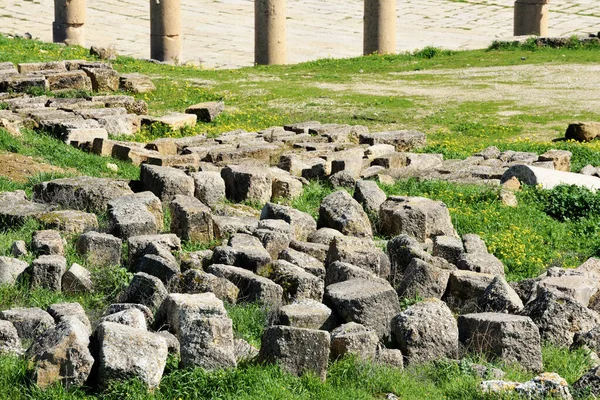 Blokken Van Ruïne Grieks Romeinse Stad Gerasa Jerash Jordanië — Stockfoto