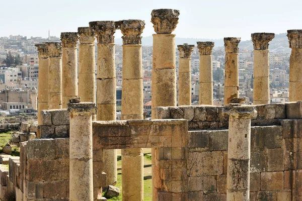 Kolommen Muur Van Verwoeste Grieks Romeinse Stad Gerasa Jerash Jordanië — Stockfoto