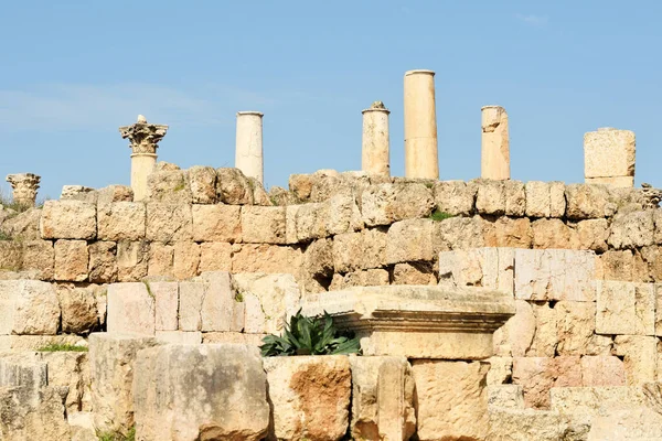 Kolommen Muur Van Verwoeste Grieks Romeinse Stad Gerasa Jerash Jordanië — Stockfoto
