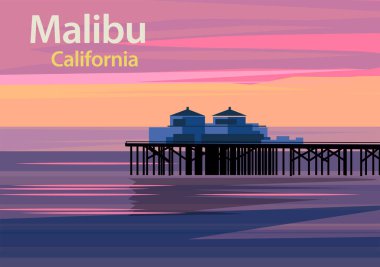 Kaliforniya, ABD 'de gün batımında Malibu İskelesi, vektör illüstrasyonu