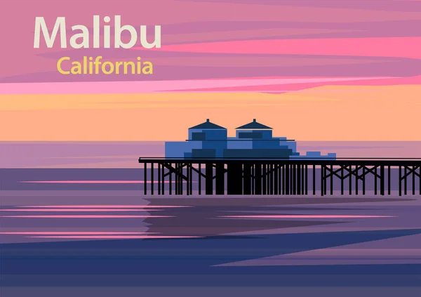 美国加利福尼亚日落时分的Malibu码头 矢量图解 — 图库矢量图片