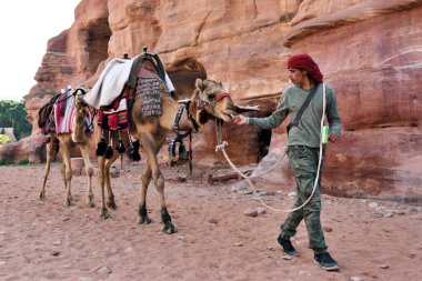 Petra, Ürdün - 18 Şubat 2020. Ürdün 'ün Petra şehrinde Araplar develerle rehberlik eder. Petra, ülkenin UNESCO Dünya Mirası listesine girmesini sağladı..