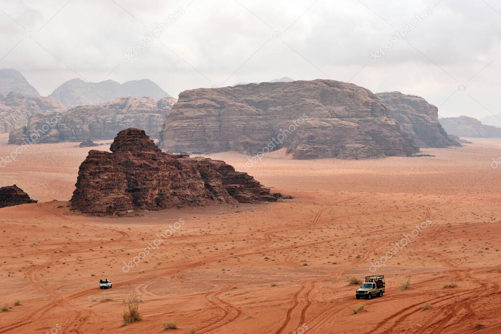 Wadi Rum rock desert. Wadi Rum is a valley cut into the sandstone and granite rock in southern Jordan