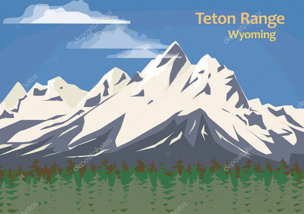 Teton Range, mountain range of the Rocky Mountains in North America, Wyoming, United States, vector illustration