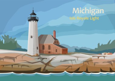 Isle Royale Light, Isle Royale Ulusal Parkı 'ndaki deniz feneri, Keweenaw County, Kuzey Michigan, Birleşik Devletler, vektör ilüstrasyonu.