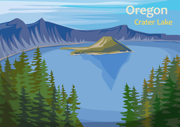 Crater Lake, crater lake in south-central Oregon in the western United State, vector illustration