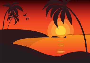 Palmiye ağaçları arka planda. Günbatımında tropikal doğa. Doğa geçmişi. Klasik kırmızı günbatımı arka planı. Seyahat yaşam tarzı arkaplanı, vektör illüstrasyonu