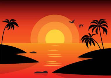 Palm trees silhouettes background. Tropical nature in sunset. Nature background. Vintage red sunset background. Travel lifestyle background, vector illustration clipart