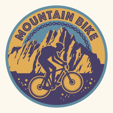 Yokuş aşağı, dağ bisikleti rozeti, logo, siluet etiketli. Yokuş aşağı, dayanıklı, kros bisikleti, vektör illüstrasyonu