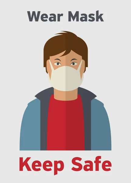 Man Ansikte Med Influensa Mask Koncept För Att Hålla Säker — Stock vektor