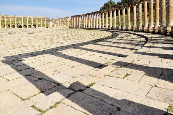 Oval Plaza Kolommen Ruïnes Van Grote Romeinse Stad Jerash Gerasa — Stockfoto