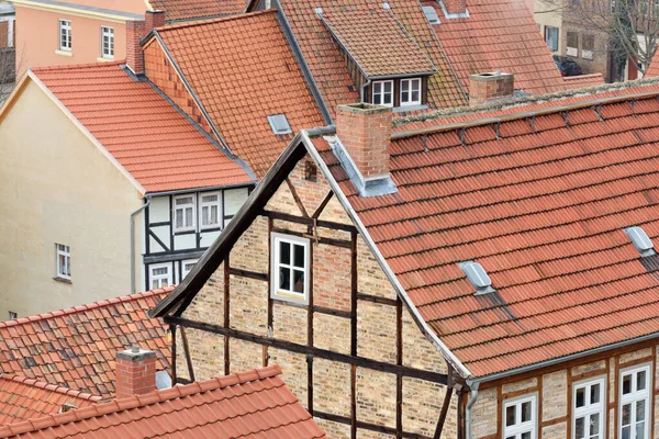 Den Historiska Gamla Staden Quedlinburg Tyskland Mot Tak Ovanifrån — Stockfoto