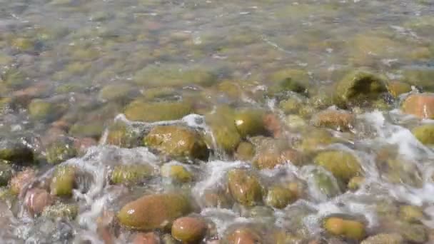 Pebble Stones Sea Beach Rolling Waves Sea Foam — Stock Video