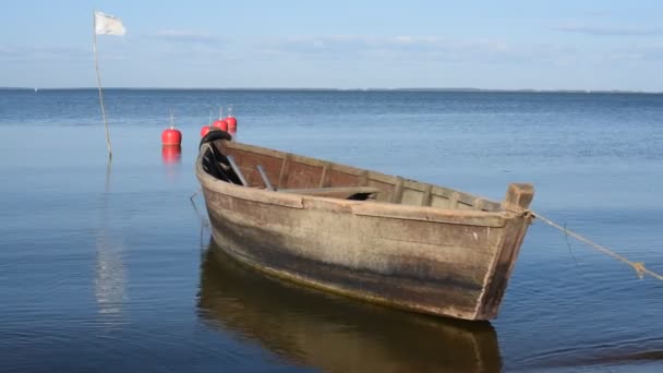 Kleines Holzboot Schwimmt Auf Dem Klaren Wasser Eines Natürlichen Sees — Stockvideo