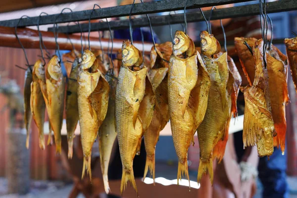 Zařízení Zpracování Ryb Kouřící Rybí Filety Visící Bok Boku Kuřákovi — Stock fotografie